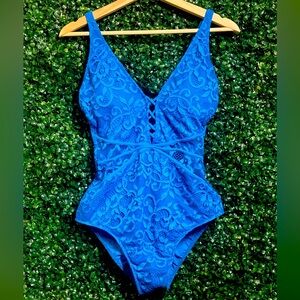 Profile By Gottex Made In Morocco Beautiful Bright Blue Lace & Sheer Swimsuit 8D